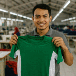 Seorang pria muda Asia Tenggara memegang jersey olahraga hijau di pabrik garmen modern di Jawa Barat, dengan latar pekerja dan mesin jahit, aksen warna merah.