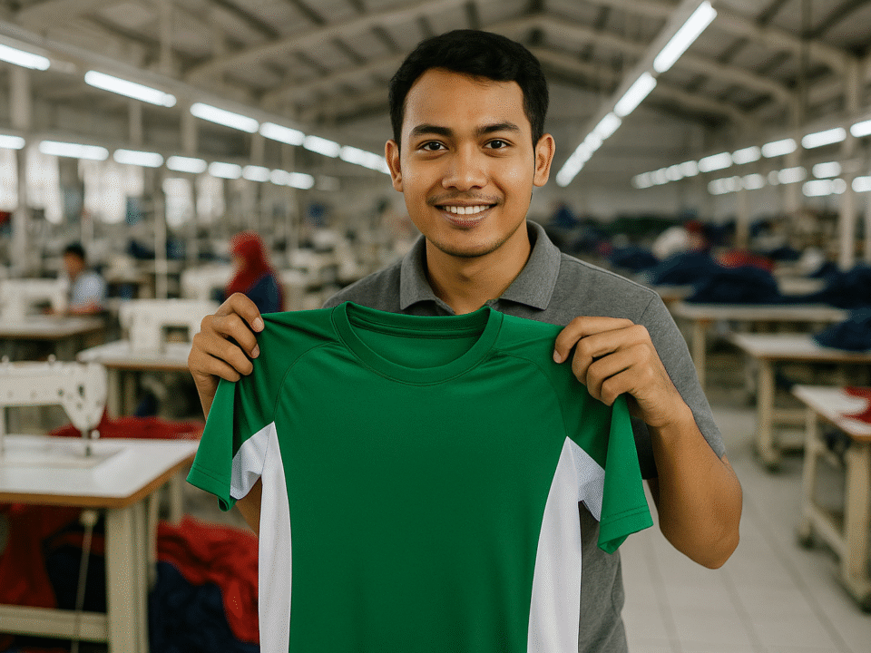 Seorang pria muda Asia Tenggara memegang jersey olahraga hijau di pabrik garmen modern di Jawa Barat, dengan latar pekerja dan mesin jahit, aksen warna merah.