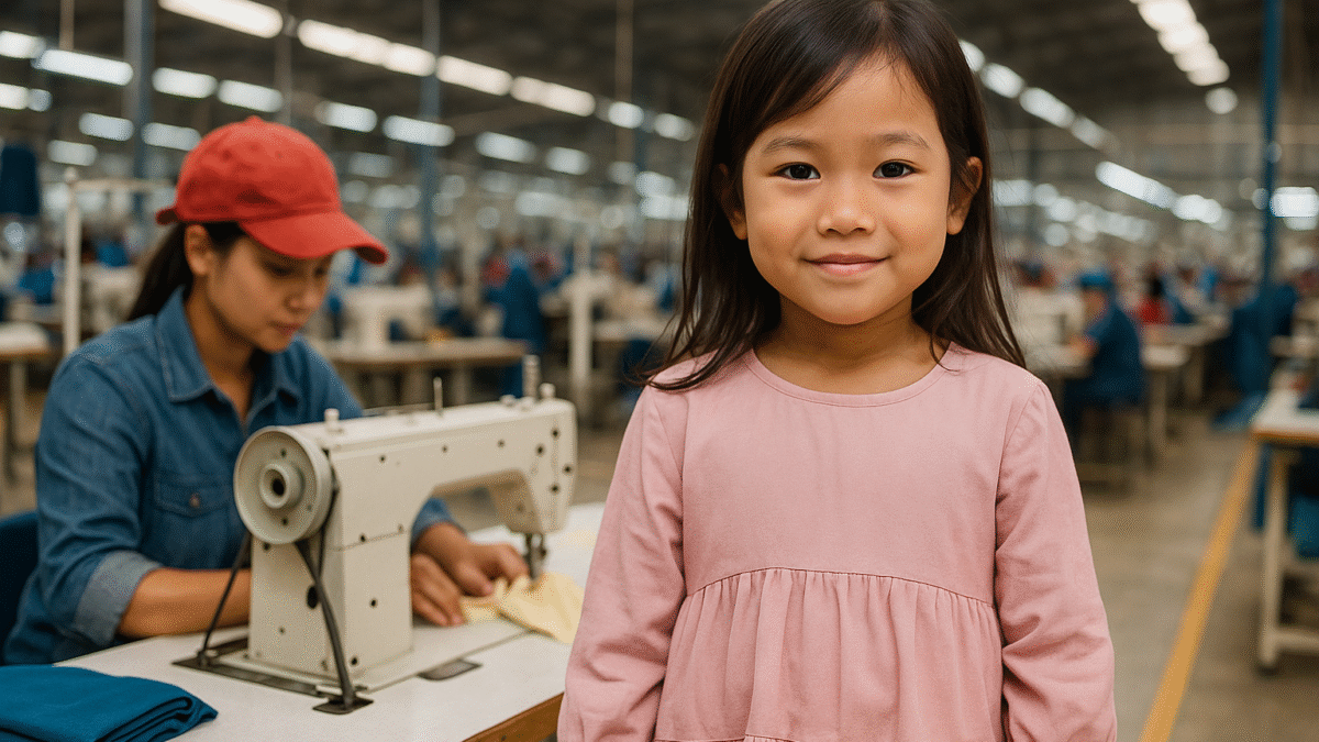 Seorang anak perempuan Asia Tenggara mengenakan baju warna lembut berdiri di depan mesin jahit di dalam pabrik tekstil modern di Jawa Barat, dengan pekerja perempuan memakai topi merah sedang menjahit di belakangnya.