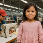 Seorang anak perempuan Asia Tenggara mengenakan baju warna lembut berdiri di depan mesin jahit di dalam pabrik tekstil modern di Jawa Barat, dengan pekerja perempuan memakai topi merah sedang menjahit di belakangnya.