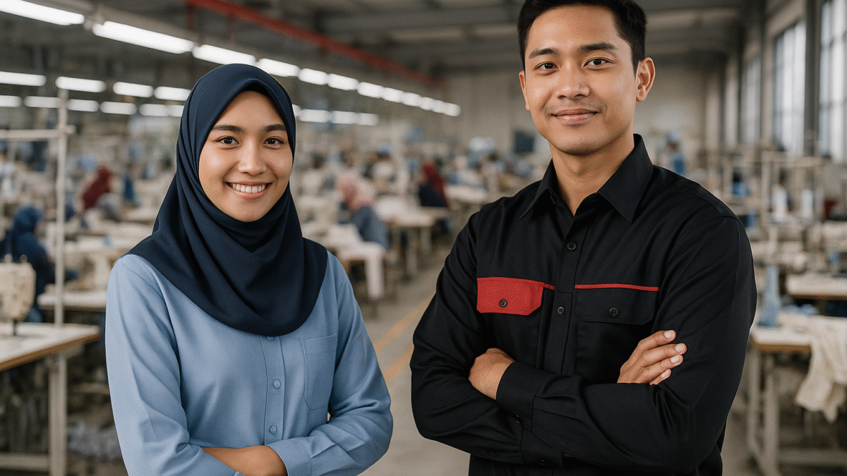 Dua pekerja muda di pabrik konveksi modern, satu mengenakan seragam formal hitam dengan aksen merah, satunya casual biru muda, berlatar mesin jahit di Jawa Barat.