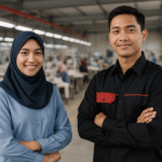 Dua pekerja muda di pabrik konveksi modern, satu mengenakan seragam formal hitam dengan aksen merah, satunya casual biru muda, berlatar mesin jahit di Jawa Barat.