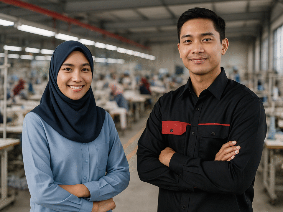 Dua pekerja muda di pabrik konveksi modern, satu mengenakan seragam formal hitam dengan aksen merah, satunya casual biru muda, berlatar mesin jahit di Jawa Barat.