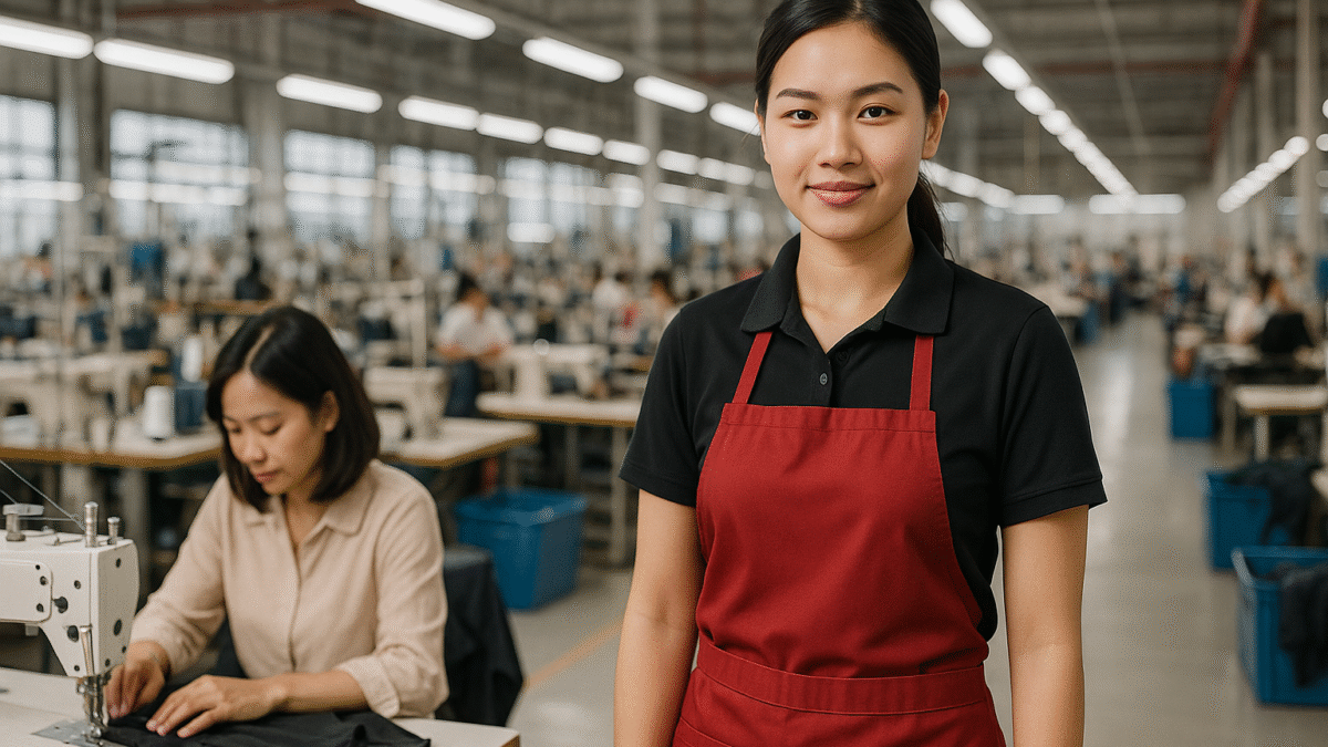 Seorang karyawan restoran mengenakan seragam simpel berwarna hitam dan apron merah, berdiri di pabrik konveksi modern di Jawa Barat.