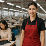 Seorang karyawan restoran mengenakan seragam simpel berwarna hitam dan apron merah, berdiri di pabrik konveksi modern di Jawa Barat.