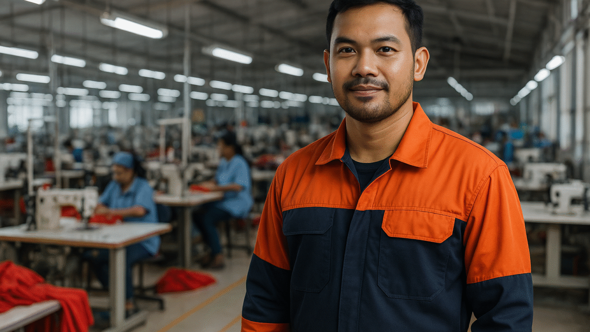 Seorang mekanik muda Indonesia memakai wearpack oranye gelap di pabrik konveksi modern, berlatar aktivitas produksi tekstil Jawa Barat.