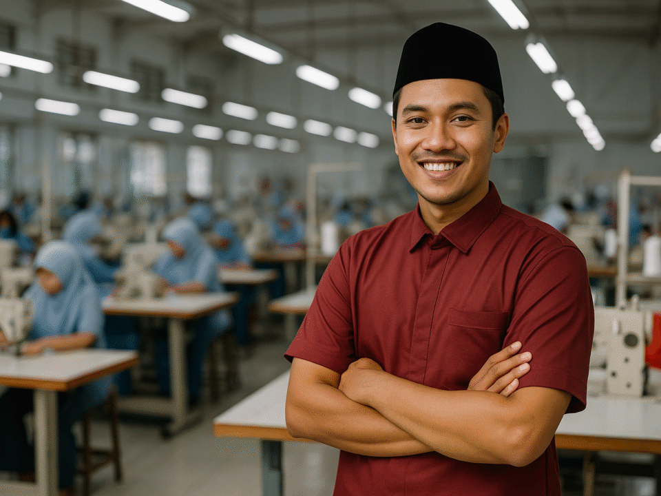 Seorang pria Indonesia memakai seragam kerja marun berdiri percaya diri di pabrik konveksi modern dengan latar pekerja tekstil di Jawa Barat.
