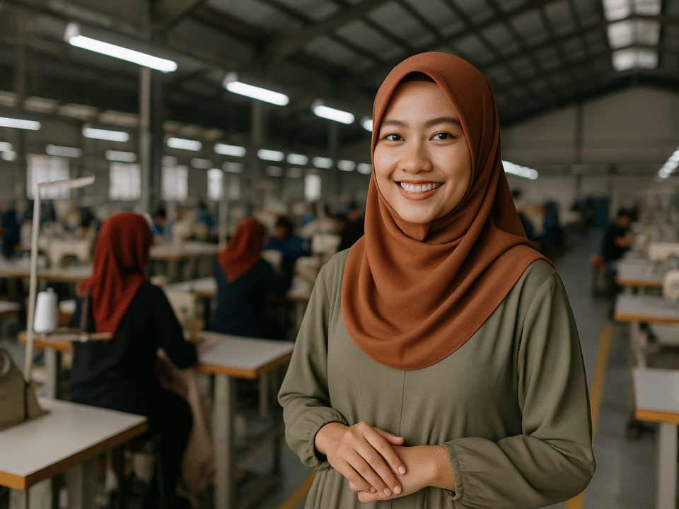 Seorang wanita muda berhijab warna coklat kayu manis dan baju gamis hijau sage sedang tersenyum di dalam pabrik tekstil modern di Karawang, dengan latar suasana produksi yang dinamis serta sedikit aksen warna merah.