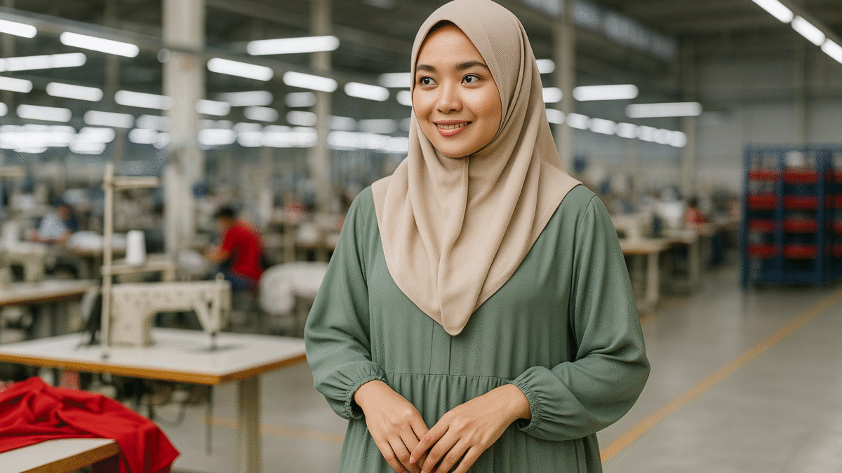 Seorang wanita muda berhijab dengan gamis hijau sederhana berdiri di pabrik tekstil modern, latar belakang mesin jahit dan pekerja, terdapat aksen merah di meja produksi.
