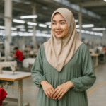 Seorang wanita muda berhijab dengan gamis hijau sederhana berdiri di pabrik tekstil modern, latar belakang mesin jahit dan pekerja, terdapat aksen merah di meja produksi.
