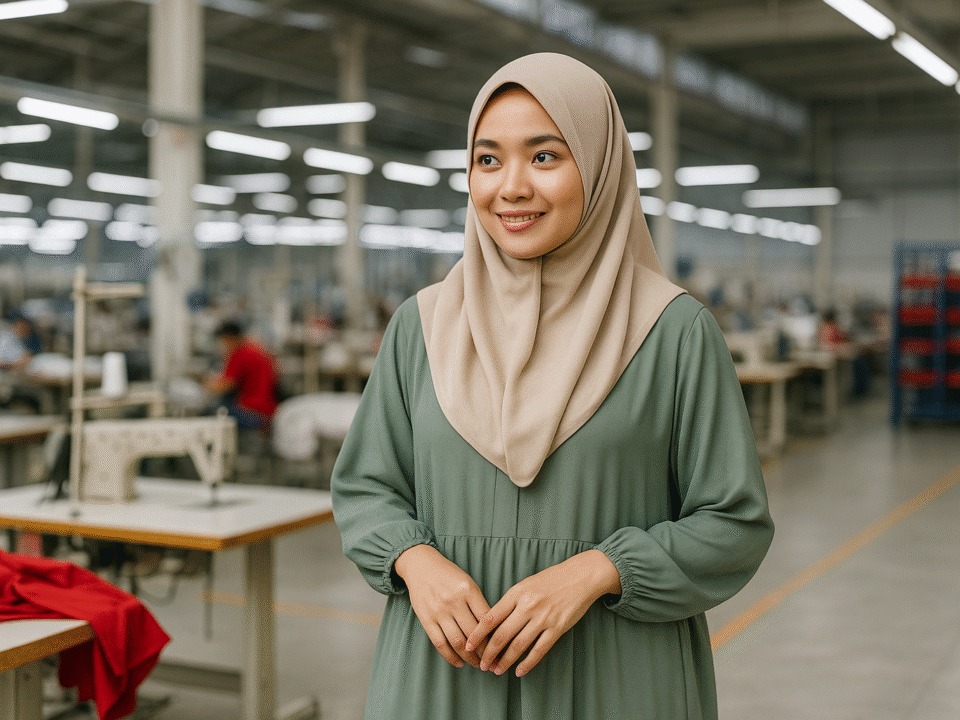 Seorang wanita muda berhijab dengan gamis hijau sederhana berdiri di pabrik tekstil modern, latar belakang mesin jahit dan pekerja, terdapat aksen merah di meja produksi.