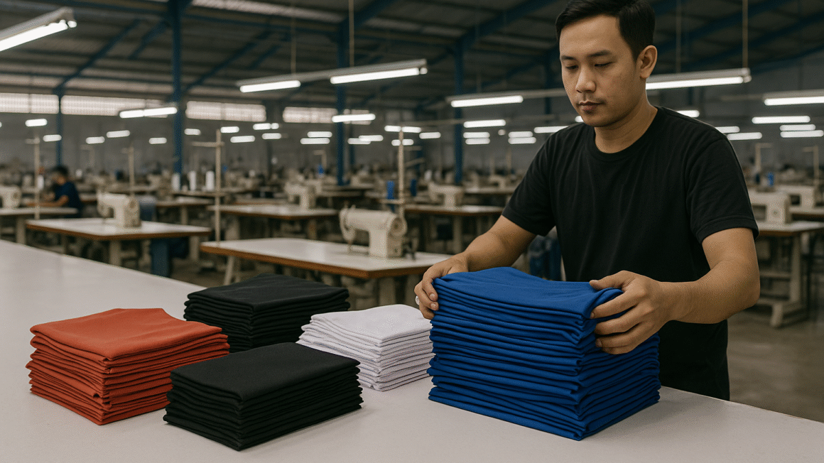 Pekerja konveksi sedang menyiapkan tumpukan kain jersey futsal warna merah, hitam, putih, dan biru di meja besar, di tengah pabrik tekstil modern dengan deretan mesin jahit.