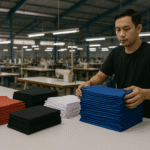 Pekerja konveksi sedang menyiapkan tumpukan kain jersey futsal warna merah, hitam, putih, dan biru di meja besar, di tengah pabrik tekstil modern dengan deretan mesin jahit.