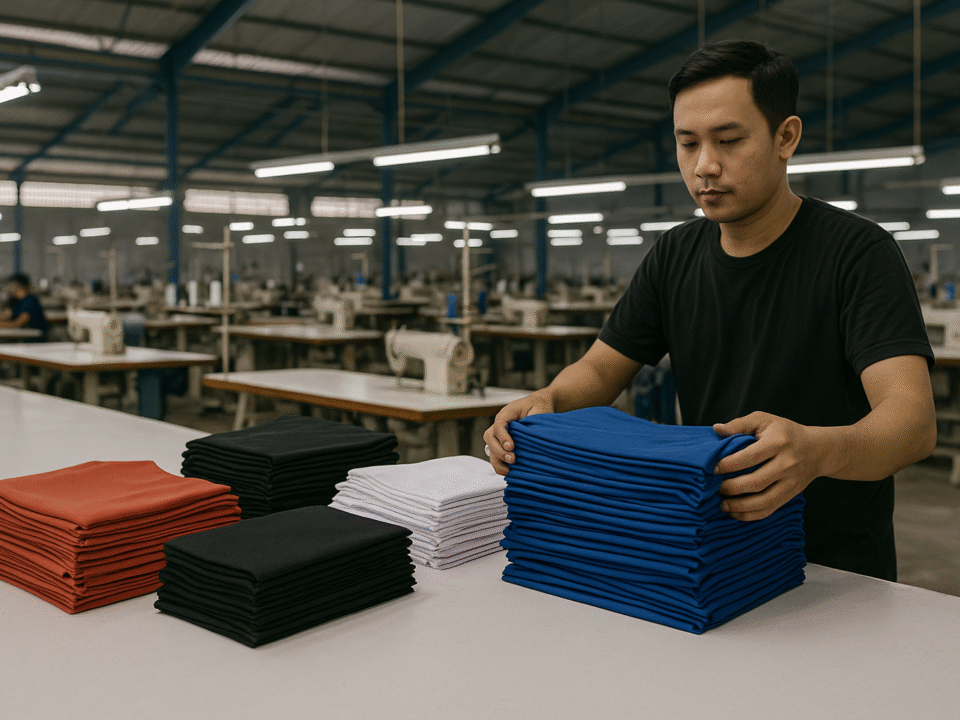 Pekerja konveksi sedang menyiapkan tumpukan kain jersey futsal warna merah, hitam, putih, dan biru di meja besar, di tengah pabrik tekstil modern dengan deretan mesin jahit.