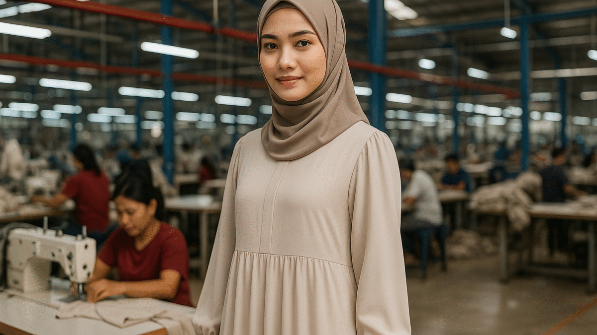 Seorang wanita muda mengenakan gamis sederhana berwarna beige dengan hijab taupe, berdiri di dalam pabrik konveksi modern di Jawa Barat. Latar belakang berisi pekerja dan mesin jahit, dengan aksen pipa merah.