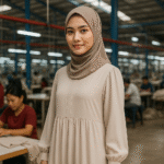 Seorang wanita muda mengenakan gamis sederhana berwarna beige dengan hijab taupe, berdiri di dalam pabrik konveksi modern di Jawa Barat. Latar belakang berisi pekerja dan mesin jahit, dengan aksen pipa merah.