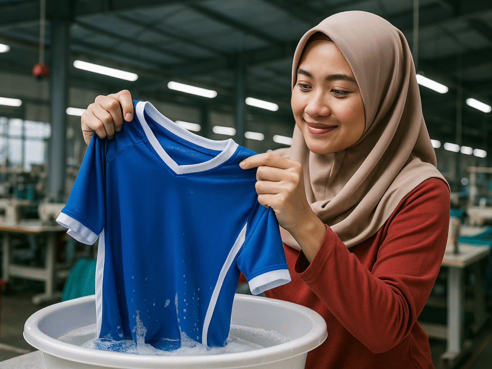 Seorang wanita muda berhijab sedang mencuci jersey olahraga berwarna biru di sebuah pabrik tekstil modern di Jawa Barat.