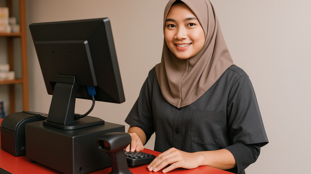 Desain seragam kasir sederhana dengan sentuhan profesional, menampilkan kasir perempuan berhijab syar’i khas Indonesia, bekerja di meja kasir modern dengan aksen merah yang elegan.