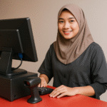Desain seragam kasir sederhana dengan sentuhan profesional, menampilkan kasir perempuan berhijab syar’i khas Indonesia, bekerja di meja kasir modern dengan aksen merah yang elegan.