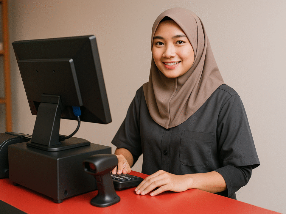 Desain seragam kasir sederhana dengan sentuhan profesional, menampilkan kasir perempuan berhijab syar’i khas Indonesia, bekerja di meja kasir modern dengan aksen merah yang elegan.