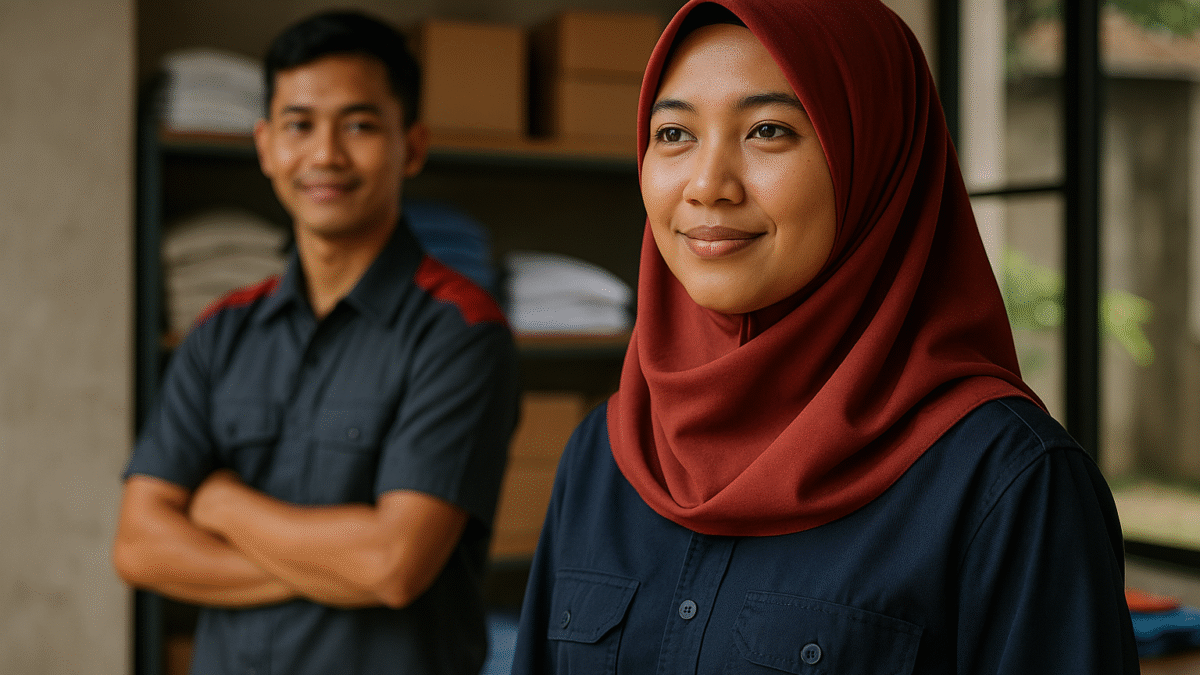 Dua pekerja UMKM Indonesia mengenakan seragam kerja rapi dengan sentuhan warna merah, menunjukkan kebersamaan dan profesionalisme dalam usaha kecil menengah.