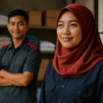 Dua pekerja UMKM Indonesia mengenakan seragam kerja rapi dengan sentuhan warna merah, menunjukkan kebersamaan dan profesionalisme dalam usaha kecil menengah.