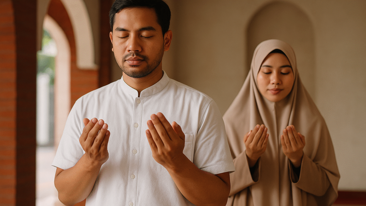 Pasangan Muslim Indonesia sedang berdoa di dalam masjid, pria mengenakan baju koko simpel warna putih dan wanita berhijab syar’i, suasana khusyuk untuk ibadah rutin.