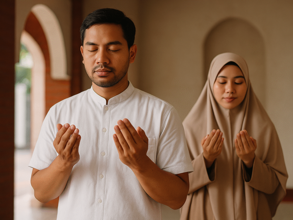 Pasangan Muslim Indonesia sedang berdoa di dalam masjid, pria mengenakan baju koko simpel warna putih dan wanita berhijab syar’i, suasana khusyuk untuk ibadah rutin.