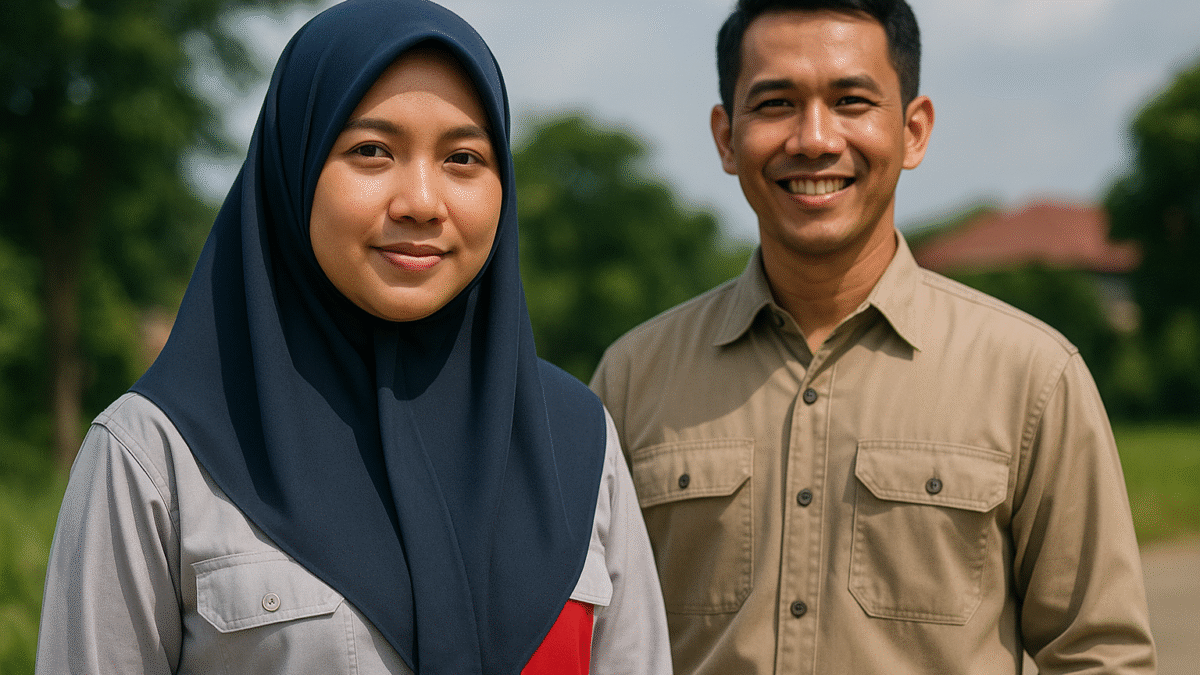 Pekerja lapangan mengenakan seragam kerja yang nyaman untuk cuaca Karawang, terdiri dari kemeja lengan panjang dan hijab syar’i, berpose di luar ruangan dengan latar pepohonan hijau dan suasana hangat.