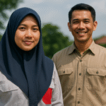 Pekerja lapangan mengenakan seragam kerja yang nyaman untuk cuaca Karawang, terdiri dari kemeja lengan panjang dan hijab syar’i, berpose di luar ruangan dengan latar pepohonan hijau dan suasana hangat.