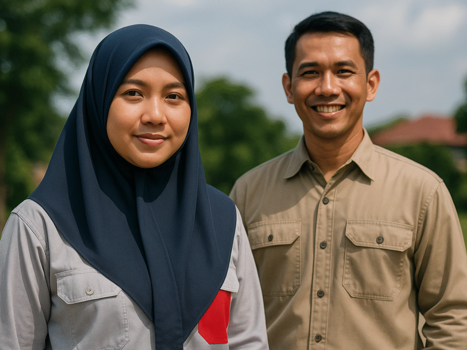 Pekerja lapangan mengenakan seragam kerja yang nyaman untuk cuaca Karawang, terdiri dari kemeja lengan panjang dan hijab syar’i, berpose di luar ruangan dengan latar pepohonan hijau dan suasana hangat.