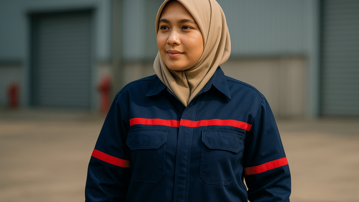 Potret perempuan berhijab syar’i mengenakan seragam kerja anti api berwarna biru navy dengan aksen merah, tampak nyaman digunakan sehari-hari di lingkungan industri.