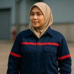 Potret perempuan berhijab syar’i mengenakan seragam kerja anti api berwarna biru navy dengan aksen merah, tampak nyaman digunakan sehari-hari di lingkungan industri.
