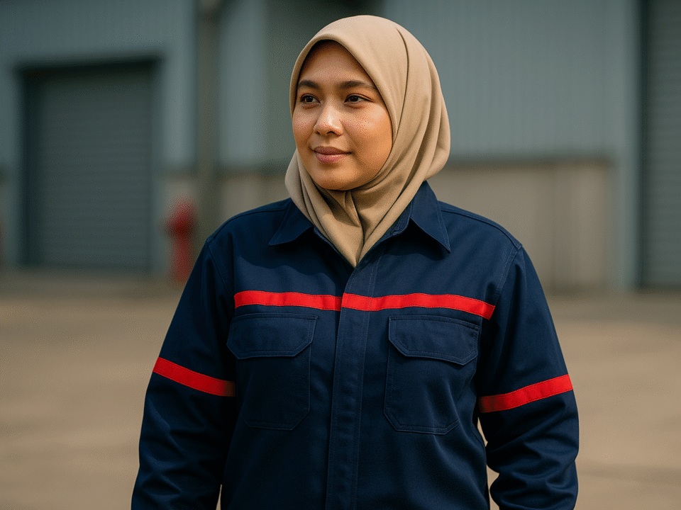Potret perempuan berhijab syar’i mengenakan seragam kerja anti api berwarna biru navy dengan aksen merah, tampak nyaman digunakan sehari-hari di lingkungan industri.