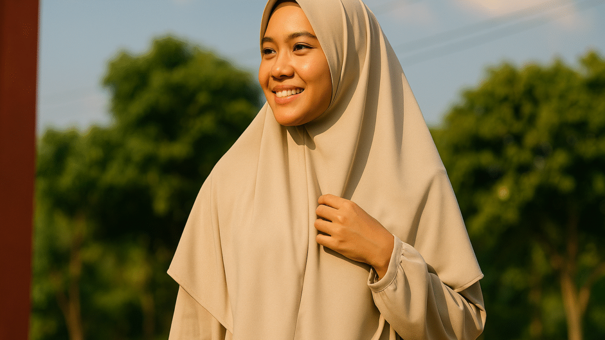 Perempuan berhijab syar’i mengenakan baju gamis adem berwarna netral, tersenyum cerah di bawah sinar matahari, cocok untuk cuaca panas.