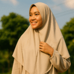 Perempuan berhijab syar’i mengenakan baju gamis adem berwarna netral, tersenyum cerah di bawah sinar matahari, cocok untuk cuaca panas.