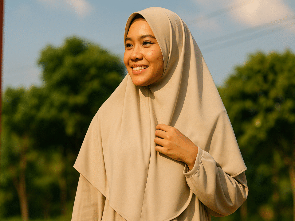 Perempuan berhijab syar’i mengenakan baju gamis adem berwarna netral, tersenyum cerah di bawah sinar matahari, cocok untuk cuaca panas.
