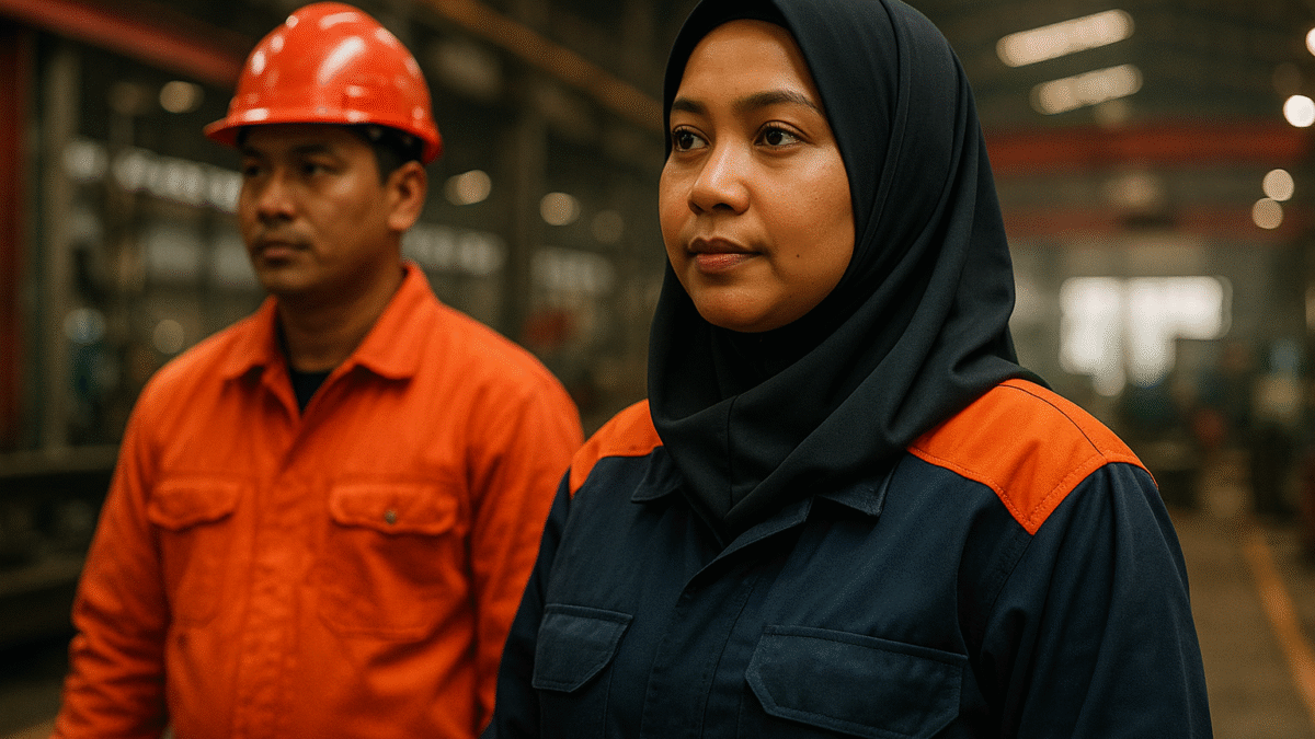 Pekerja pabrik Indonesia mengenakan bahan seragam kerja anti api berwarna navy dan oranye, dengan perempuan berhijab syar’i di area produksi industri, memberikan perlindungan dan keamanan optimal.
