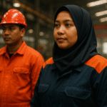 Pekerja pabrik Indonesia mengenakan bahan seragam kerja anti api berwarna navy dan oranye, dengan perempuan berhijab syar’i di area produksi industri, memberikan perlindungan dan keamanan optimal.