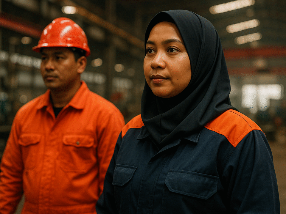 Pekerja pabrik Indonesia mengenakan bahan seragam kerja anti api berwarna navy dan oranye, dengan perempuan berhijab syar’i di area produksi industri, memberikan perlindungan dan keamanan optimal.