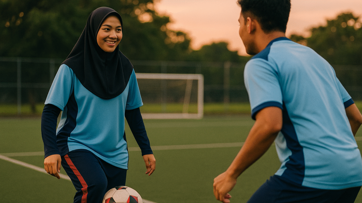 Dua pemain futsal Indonesia berlatih di lapangan saat sore hari, mengenakan jersey futsal nyaman berwarna biru dengan aksen merah, suasana hangat matahari terbenam menciptakan nuansa energik dan santai.