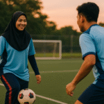 Dua pemain futsal Indonesia berlatih di lapangan saat sore hari, mengenakan jersey futsal nyaman berwarna biru dengan aksen merah, suasana hangat matahari terbenam menciptakan nuansa energik dan santai.