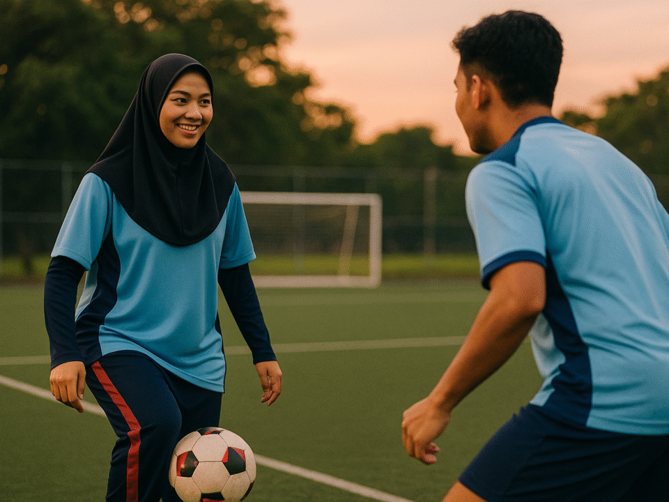Dua pemain futsal Indonesia berlatih di lapangan saat sore hari, mengenakan jersey futsal nyaman berwarna biru dengan aksen merah, suasana hangat matahari terbenam menciptakan nuansa energik dan santai.