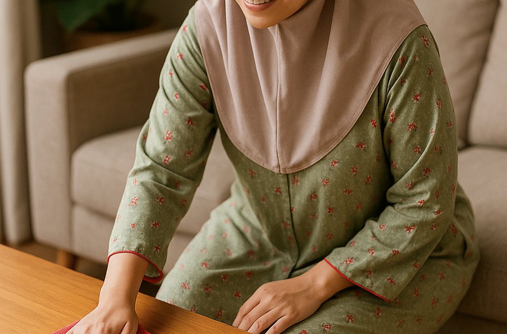Model daster ibu rumah tangga yang anggun dan nyaman, dikenakan oleh perempuan berhijab syar’i saat beraktivitas di rumah, memberikan kesan aktif, rapi, dan tetap stylish.