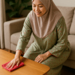 Model daster ibu rumah tangga yang anggun dan nyaman, dikenakan oleh perempuan berhijab syar’i saat beraktivitas di rumah, memberikan kesan aktif, rapi, dan tetap stylish.