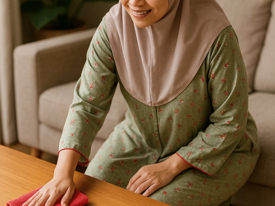 Model daster ibu rumah tangga yang anggun dan nyaman, dikenakan oleh perempuan berhijab syar’i saat beraktivitas di rumah, memberikan kesan aktif, rapi, dan tetap stylish.