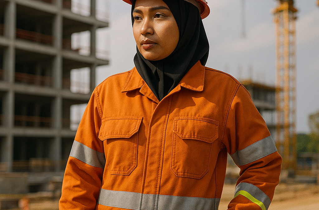 Pekerja proyek konstruksi wanita berhijab syar’i mengenakan seragam kerja anti api warna oranye dengan helm merah, berdiri percaya diri di area pembangunan bertingkat, dilengkapi crane di latar belakang.