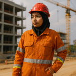Pekerja proyek konstruksi wanita berhijab syar’i mengenakan seragam kerja anti api warna oranye dengan helm merah, berdiri percaya diri di area pembangunan bertingkat, dilengkapi crane di latar belakang.