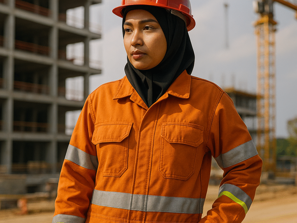 Pekerja proyek konstruksi wanita berhijab syar’i mengenakan seragam kerja anti api warna oranye dengan helm merah, berdiri percaya diri di area pembangunan bertingkat, dilengkapi crane di latar belakang.