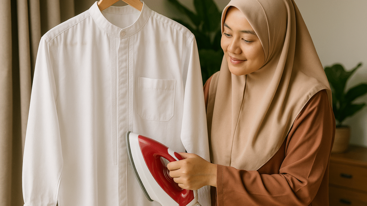 Seorang wanita berhijab syar’i asal Indonesia sedang menyetrika baju koko putih dengan setrika merah untuk menjaga baju koko tetap rapi dan awet di rumah yang terang dan rapi.